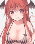  asa_(coco) bad_id bad_twitter_id bat_wings bikini_top blush breasts collarbone grey_background grin head_wings koakuma large_breasts long_hair looking_at_viewer pointy_ears red_eyes red_hair smile solo touhou upper_body wings 