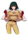  bad_id bad_pixiv_id belt contrapposto cosplay fubuki_(one-punch_man) fur_coat gloves green_eyes green_hair jacket_on_shoulders jumpsuit longestham looking_at_viewer one-punch_man red_gloves saitama_(one-punch_man) saitama_(one-punch_man)_(cosplay) short_hair solo standing white_background 