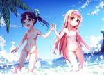  beach black_hair blonde_hair blue_eyes breasts day long_hair md5_mismatch multiple_girls nipples nude original outdoors red_eyes small_breasts water yan_(nicknikg) 