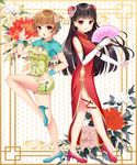  amagi_yukiko black_hair bracelet breasts brown_eyes bun_cover china_dress chinese_clothes cleavage double_bun dress elbow_gloves fan fighting_stance floral_background flower folding_fan full_body gloves hair_flower hair_ornament high_heels highres jewelry leg_up long_legs medium_breasts multiple_girls nabekokoa open_mouth peony_(flower) persona persona_4 red_eyes satonaka_chie short_hair side_slit smile 