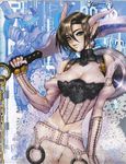 blade blue_eyes bra breasts brown_hair chain demon_horns earrings elbow_gloves fingerless_gloves gloves highres horns jewelry large_breasts lingerie lips looking_at_viewer pale_skin robot shirou_masamune short_hair smile solo sword underwear weapon 
