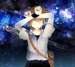  bag brown_hair covering_face crying ginga_tetsudou_no_yoru giovanni_(ginga_tetsudou_no_yoru) ground_vehicle hat male_focus mattari_haruto necktie night night_sky open_mouth sky solo star_(sky) starry_sky tears train 
