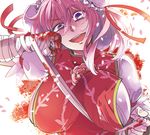  bandaged_arm bandages blood bloody_bandages bloody_hands breasts bun_cover double_bun flower head_tilt huge_breasts ibaraki_kasen open_mouth pink_hair purple_eyes rose short_hair solo tabard touhou yukataro 