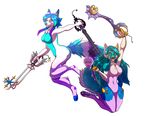  2015 anthro blue_hair breasts canine duo eyewear featureless_breasts featureless_crotch female glasses hair half-closed_eyes hybrid looking_at_viewer mammal melee_weapon multicolored_hair navel open_mouth purple_hair quartzz simple_background smile sword tongue two_tone_hair weapon white_background 