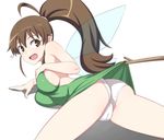  ahoge ass breasts brown_eyes brown_hair caryo cosplay dress fairy_wings large_breasts nanashino open_mouth panties pointy_ears ponytail sideboob solo stick taneshima_popura tinker_bell_(disney) tinker_bell_(disney)_(cosplay) underwear wings working!! 