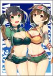  adapted_costume asymmetrical_docking bad_source bare_shoulders black_hair blue_hair blush breast_press breasts brown_eyes brown_gloves brown_hair cleavage gloves green_eyes hair_ornament hair_ribbon hairband hand_on_another's_hip headband hiryuu_(kantai_collection) horosuke_(toot08) kantai_collection large_breasts long_hair looking_at_viewer midriff multiple_girls navel one_side_up open_mouth puffy_short_sleeves puffy_sleeves race_queen remodel_(kantai_collection) ribbon short_hair short_shorts short_sleeves shorts side_ponytail smile souryuu_(kantai_collection) thighs twintails 