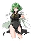  2015 alternate_breast_size artist_name black_dress breasts cosplay cropped_legs curly_hair dated dress fingernails fubuki_(one-punch_man) fubuki_(one-punch_man)_(cosplay) fur_coat green_eyes green_hair highres hips jacket_on_shoulders jewelry large_breasts nail_polish necklace no_panties older one-punch_man outstretched_arm short_hair side_slit signature sketch smile solo tachibana_roku tatsumaki white_background 