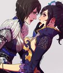  2girls armor black_hair blush bracelet breast_press breasts brown_hair character_request chinese_clothes elina_kuroe_no_daarin flower gloves hair_flower hair_ornament hand_on_another's_face jewelry lipstick long_hair looking_at_another makeup medium_breasts mole mole_under_eye multiple_girls parted_lips ponytail profile red_lips sangoku_musou short_hair simple_background sweatdrop wang_yi yuri zhen_ji 