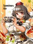  autumn_leaves black_hair breasts camera character_name floral_print grin hat hat_ribbon large_breasts looking_at_viewer pom_pom_(clothes) puffy_short_sleeves puffy_sleeves red_eyes ribbon shameimaru_aya shirt short_sleeves smile solo tokin_hat touhou umigarasu_(kitsune1963) 