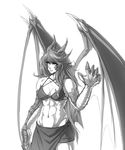  abs bare_shoulders breasts claws commentary dragon_girl dragon_wings greyscale highres horns large_breasts long_hair looking_away monochrome monorus muscle muscular_female navel original paws scales solo very_long_hair wings 