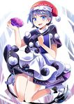  black_dress blob blue_eyes blue_hair book doremy_sweet dream_soul dress e.o. hat highres looking_at_viewer multicolored multicolored_clothes multicolored_dress nervous_smile nightcap open_mouth pom_pom_(clothes) smile solo tail tapir_tail touhou white_dress 