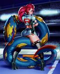  ass backboob boots breasts buckle crop_top eyeshadow gen_3_pokemon hair_pulled_back highres huge_breasts laces lips long_hair makeup microskirt musashi_(pokemon) poke_ball poke_ball_(generic) pokemon pokemon_(anime) pokemon_(creature) pokemon_ag red_hair seviper skirt taboolicious team_rocket thigh_boots thighhighs 