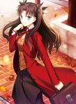  black_hair blue_eyes briefcase fate/stay_night fate_(series) fuyuki_(neigedhiver) hair_ribbon highres long_hair pantyhose ribbon skirt solo toosaka_rin two_side_up 