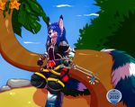  2015 anthro big_tail blue_hair canine clothed clothing female fox hair inner_ear_fluff mammal melee_weapon outside palm_tree quartzz smile solo standing sword tree weapon 