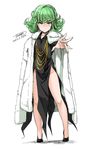  2015 artist_name bare_legs black_dress commentary cosplay curly_hair dated dress flat_chest frown fubuki_(one-punch_man) fubuki_(one-punch_man)_(cosplay) full_body fur_coat green_eyes green_hair highres jacket_on_shoulders jewelry necklace no_socks one-punch_man outstretched_arm short_hair side_slit signature sketch solo standing tachibana_roku tatsumaki tiptoes unamused white_background 
