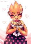  &lt;3 alphys bouquet buckteeth chillisart clothing dress eyes_closed eyewear female glasses happy monster open_mouth scales scalie signature smile solo sweat teeth undertale video_games yellow_scales 