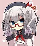  221_(tsutsuichi) beret bespectacled blue_eyes blush buttons check_commentary commentary_request epaulettes frilled_sleeves frills glasses gloves grey_hair hat heart jacket kantai_collection kashima_(kantai_collection) kerchief long_hair long_sleeves looking_at_viewer military military_uniform pink_background red-framed_eyewear semi-rimless_eyewear sidelocks simple_background smile solo tsurime twintails under-rim_eyewear uniform upper_body wavy_hair white_gloves 