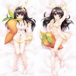  :p animal_ears armor_girls biting black_hair blush breasts bunny_ears carrot_pillow cleavage dakimakura fake_animal_ears full_body heart heart-shaped_pupils highres large_breasts long_hair looking_at_viewer mel_cyclop multiple_views mvv navel open_clothes panties pink_eyes pom_pom_(clothes) sexually_suggestive smile stuffed_carrot stuffed_toy symbol-shaped_pupils thighhighs tongue tongue_out underwear white_legwear white_panties 