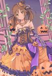  bangs bare_shoulders bat_earrings blush bow breasts brown_eyes brown_hair corset dress earrings elbow_gloves frilled_dress frills gloves gown hair_ribbon halloween hat hat_ribbon head_tilt idolmaster idolmaster_cinderella_girls idolmaster_cinderella_girls_starlight_stage jack-o'-lantern jewelry looking_at_viewer medium_breasts mini_hat mini_top_hat multicolored multicolored_clothes multicolored_dress necklace night night_sky pillar plant pumpkin purple_gloves ribbon riva0412 skirt_hold sky smile solo strapless strapless_dress top_hat totoki_airi twintails vines 