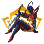  adapted_costume blaz_b._aros bodysuit breasts full_body helmet high_heels highres kill_la_kill large_breasts nyx_(warframe) revealing_clothes senketsu sitting solo sword transparent_background warframe weapon 