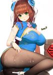  bad_id bad_twitter_id bracelet breasts brown_hair chinese_clothes cum green_eyes jewelry large_breasts pantyhose rak_(kuraga) shrug_(clothing) solo 