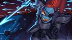  armor artist_name blue_skin energy_spear energy_weapon eyepatch eyeshadow head_fins hellknight10 highres makeup monster_girl open_mouth polearm ponytail red_eyes red_hair sharp_teeth signature solo spear teeth undertale undyne watermark weapon web_address yellow_sclera 