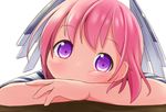  commentary_request face head_on_arm headgear kantai_collection looking_at_viewer makuran nenohi_(kantai_collection) pink_hair purple_eyes solo 
