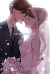  1girl ? arm_around_back bangs black_neckwear blunt_bangs bouquet bridal_veil brown_hair commentary_request couple dress earrings english face-to-face flower formal from_side gloves good_end gundam gundam_wing heero_yuy hetero husband_and_wife imminent_kiss jewelry lace long_hair necktie parted_lips petals rei_(usabiba) relena_peacecraft rose see-through shirt simple_background sleeveless suit upper_body veil wedding wedding_dress white_background white_flower white_rose white_shirt 