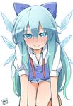  all_fours alternate_hair_length alternate_hairstyle blue_eyes blue_hair blush bow breasts cirno cleavage full-face_blush hair_between_eyes hair_bow hanging_breasts ice ice_wings large_breasts long_hair looking_at_viewer older ribbon simple_background smile solo sweat touhou tsurime untied very_long_hair white_background wings yutamaro 