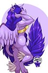  2015 anthro blue_background blue_hair blue_skin breasts butt dragon female hair half-closed_eyes horn hybrid looking_at_viewer looking_back nude quartzz simple_background solo standing white_background wings 
