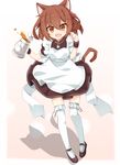  :d alternate_costume animal_ears apron blush brown_eyes brown_hair cat_ears cat_tail enmaided fang full_body hair_ornament hairclip highres ikazuchi_(kantai_collection) kantai_collection kemonomimi_mode looking_at_viewer maid mary_janes open_mouth rateratte shoes short_hair simple_background skirt smile solo tail teapot thighhighs white_legwear wrist_cuffs zettai_ryouiki 