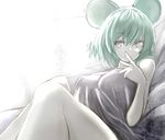  absurdres alternate_hair_color animal_ears bed bed_sheet breasts covered_nipples finger_to_mouth green_hair hair_between_eyes highres large_breasts legs_together light_particles looking_to_the_side morning mouse_ears naked_sheet nazrin older red_eyes shiny shiny_hair short_hair smile solo sunlight touhou watchi window 