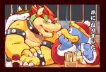  armlet avian bar bird blush bowser chopsticks chubby cigarette clothing collar cup duo face-to-face garousuki hair hat horn inside japanese_text king_dedede kirby_(series) koopa male mario_bros nintendo penguin pub red_hair robe salt scalie shell soy_sauce spiked_bracelet spiked_collar text translation_request video_games waistband water 
