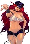  alternate_eye_color alternate_hair_color big_hair breasts david_liu denim denim_shorts final_fight green_eyes hat large_breasts long_hair md5_mismatch peaked_cap pointing poison_(final_fight) red_hair riding_crop short_shorts shorts smile solo tank_top 