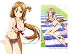  absurdres arm_support arms_behind_back asuna_(sao) barefoot beach_towel bikini breasts brown_eyes brown_hair cleavage front-tie_bikini front-tie_top half_updo hand_on_hip highres long_hair long_legs looking_at_viewer lying medium_breasts nakamura_naoto navel official_art on_side scan smile striped striped_bikini swimsuit sword_art_online towel very_long_hair 