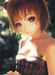  absurdres animal_ears bangs bare_shoulders blurry bokeh breasts brown_eyes brown_hair cat_ears day depth_of_field eyelashes highres huge_filesize looking_at_viewer multiple_straps murata_renji own_hands_together parted_lips red_hair reflective_eyes scan short_hair skindentation sleeveless small_breasts solo spaghetti_strap upper_body 