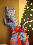  2015 anthro anus balls butt cat christmas feline fur holidays male mammal simple_background siriuswolfus smile solo 