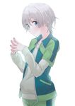  androgynous ayumu-k blue_eyes blush fingers_together highres jacket looking_at_viewer male_focus open_clothes open_jacket silver_hair smile solo steepled_fingers totsuka_saika track_jacket yahari_ore_no_seishun_lovecome_wa_machigatteiru. 