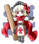  armor blonde_hair cape commentary full_armor gauntlets gloves hair_ribbon helmet knight kugelschreiber outstretched_arms red_eyes ribbon rumia short_hair smile solo touhou 