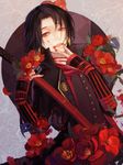  absurdres black_hair blood blood_on_face camellia earrings flower guan_tang_baozi highres jewelry kashuu_kiyomitsu katana male_focus mole mole_under_mouth nail_polish red_eyes scarf solo sword touken_ranbu weapon 