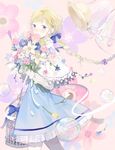  bell birdcage blonde_hair blue_dress blush bouquet bow braid cage capelet covered_mouth dress floral_background flower from_side hair_bow hat hat_removed headwear_removed lace long_hair long_sleeves original petals purple_eyes seuga soap_bubbles solo twin_braids very_long_hair 