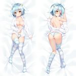  animal_ears armor_girls ass back blue_hair blush breasts bunny_ears cleavage dakimakura dress_shirt fake_animal_ears full_body heart heart-shaped_pupils highres large_breasts looking_at_viewer lying multiple_views mvv nio_silen no_pants on_back on_stomach panties shirt short_hair sideboob smile striped striped_legwear striped_panties symbol-shaped_pupils thighhighs underwear yellow_eyes 