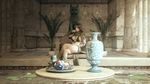  3d blurry breasts brown_hair cleavage crossed_legs depth_of_field egyptian egyptian_clothes goblet gorget greaves green_eyes headdress hieroglyphics highres jewelry kingdom_under_fire large_breasts long_hair midriff original plant plate ryanreos shoulder_armor sidelocks sitting solo spaulders statue table vambraces vase water 