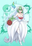  artist_name bare_shoulders boots bouquet bow breasts cleavage dress dual_persona flower gardevoir gen_3_pokemon gloves green_hair highres jewelry large_breasts mega_gardevoir mega_pokemon mono_land necklace open_mouth personification pokemon pokemon_(creature) red_eyes thigh_boots thighhighs watermark web_address wedding white_dress white_footwear white_gloves white_legwear 