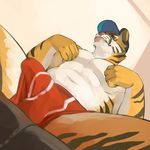  ainro anthro boxers_(clothing) bulge clothed clothing feline half-dressed looking_down male mammal simple_background sitting solo tiger tongue tongue_out topless underwear 