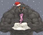  2015 abs biceps big_muscles black_nose canine christmas claws clothing cute digital_media_(artwork) ear_tuft fangs flakjacket0204 front_view fur grey_fur hat hi_res holidays japanese_text legwear looking_at_viewer male mammal muscular orange_eyes paper pecs pink_sock red_hat sad simple_background snow socks solo standing tears text tuft were werewolf 