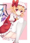  ascot ass bad_id bad_pixiv_id blonde_hair bow flandre_scarlet hat hat_bow highres looking_at_viewer mob_cap papo puffy_short_sleeves puffy_sleeves red_eyes shirt short_sleeves side_ponytail skirt skirt_set solo thighhighs thighs touhou upskirt vest white_legwear wings 