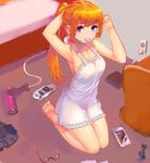  armpits bad_id bad_pixiv_id bare_shoulders barefoot blue_eyes cellphone chemise collarbone eyewear_removed feet glasses hair_dryer handheld_game_console long_hair mouth_hold orange_hair original phone playstation_vita ponytail shanmu sitting smartphone smile soles solo toes wariza 