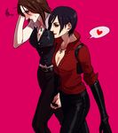  ada_wong belt black_gloves black_hair blush breasts brown_hair cleavage elina_kuroe_no_daarin embarrassed gloves heart helena_harper holding_hands jewelry lipstick long_hair makeup medium_breasts multiple_girls necklace pants red_lips resident_evil short_hair sweatdrop vest yuri 