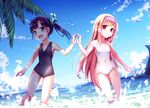  beach black_hair blonde_hair blue_eyes day long_hair md5_mismatch multiple_girls one-piece_swimsuit original outdoors red_eyes swimsuit water yan_(nicknikg) 